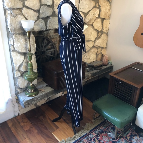 SOLD Chico’s Collection Blue & White Vertical Stripe Belted Jumpsuit Sleeveless - Picture 7 of 14